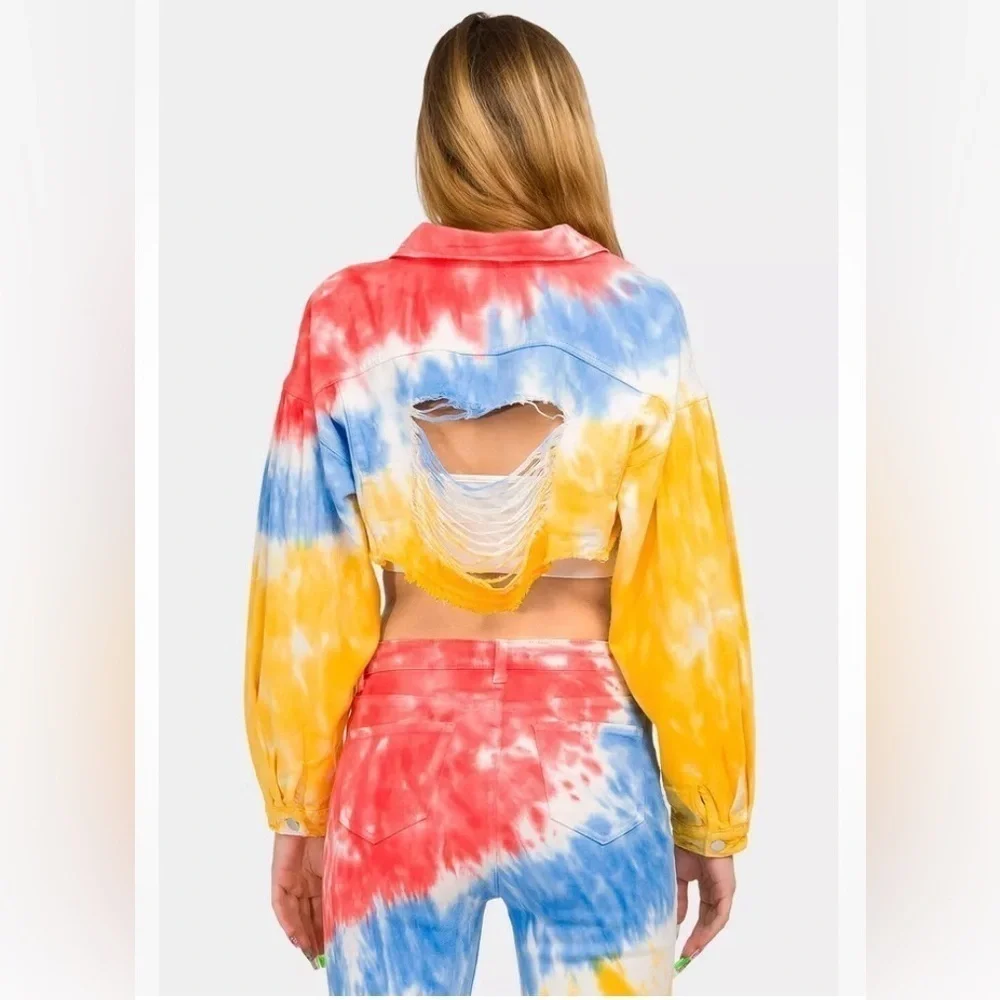 American Bazi Women's Tie Dye Ripped Denim Jacket And jeans size: 1X